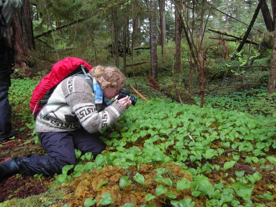 Student taking a photograph of a forest plant